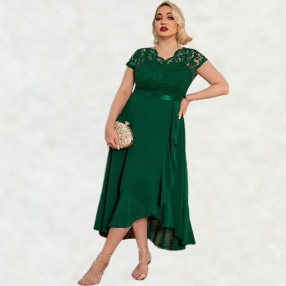 Miusol Green Faux Wrap Ruffle Dress Scalloped Neck HiLo Cap Sleeve sz XXL= US L - Picture 1 of 9